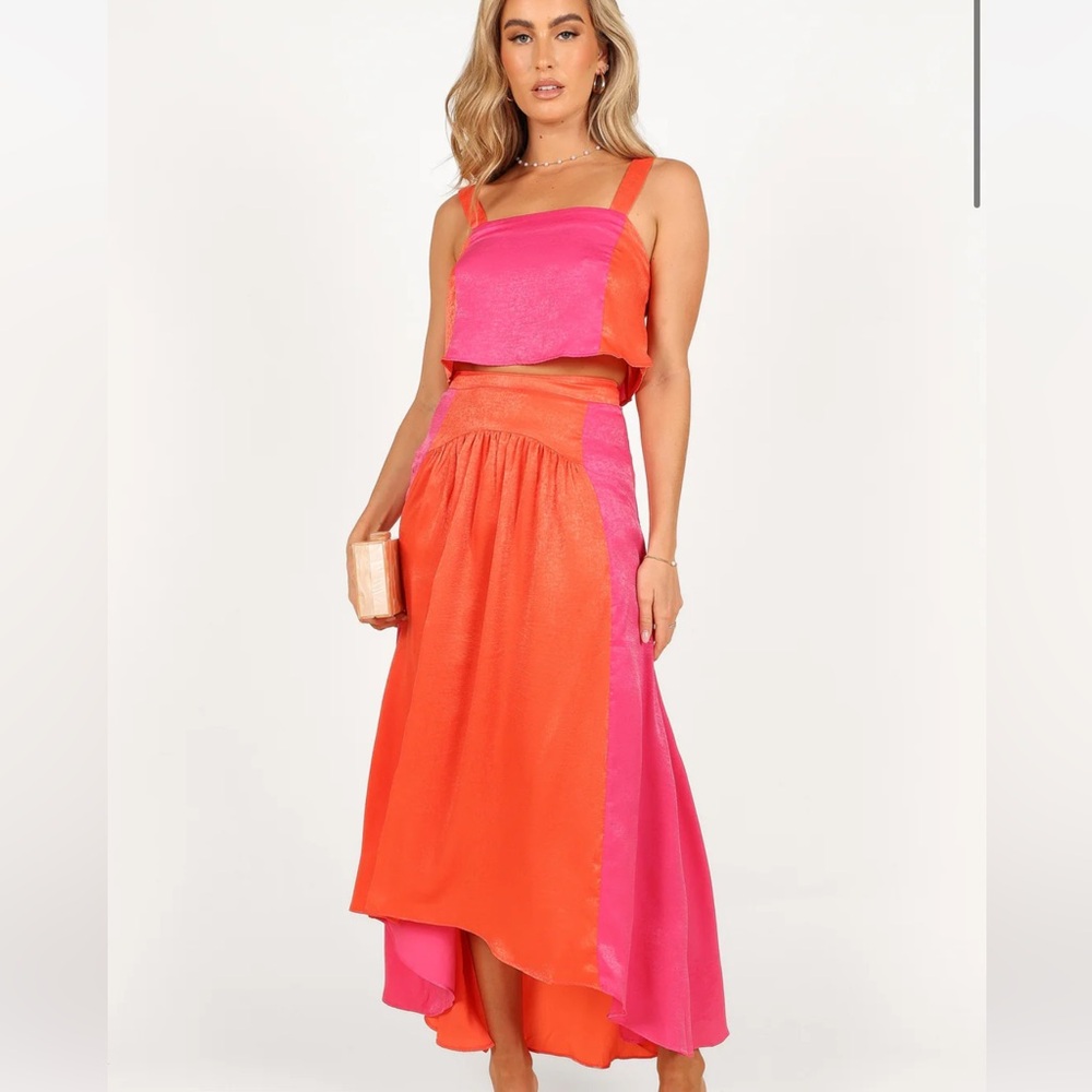 Petal & Pup Asymmetrical Maxi Skirt in Orange and Pink